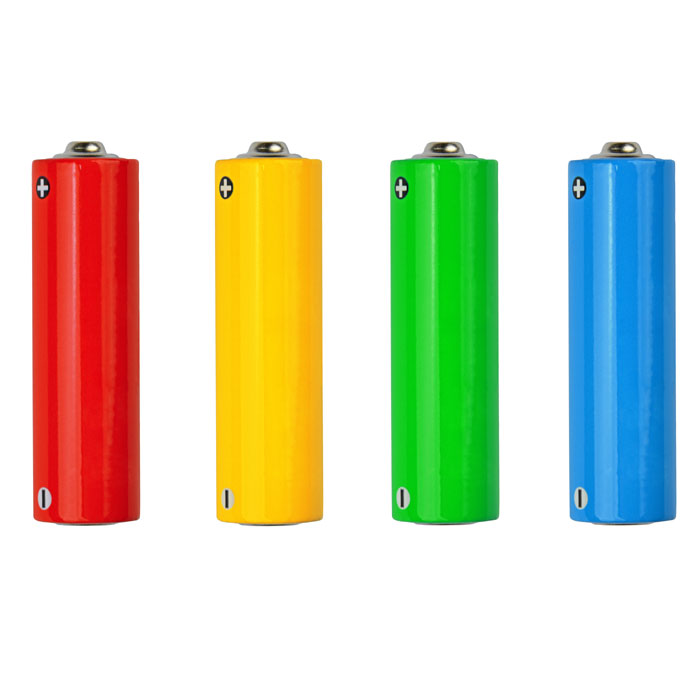 Four batteries in the DISC colours red, yellow, green and blue